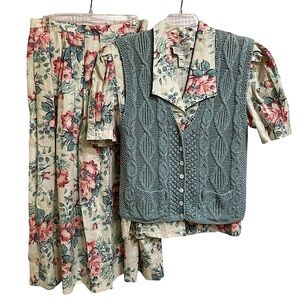 Components by Susan Bristol Vintage 80s Floral Linen Skirt Blouse & Knit Vest 16